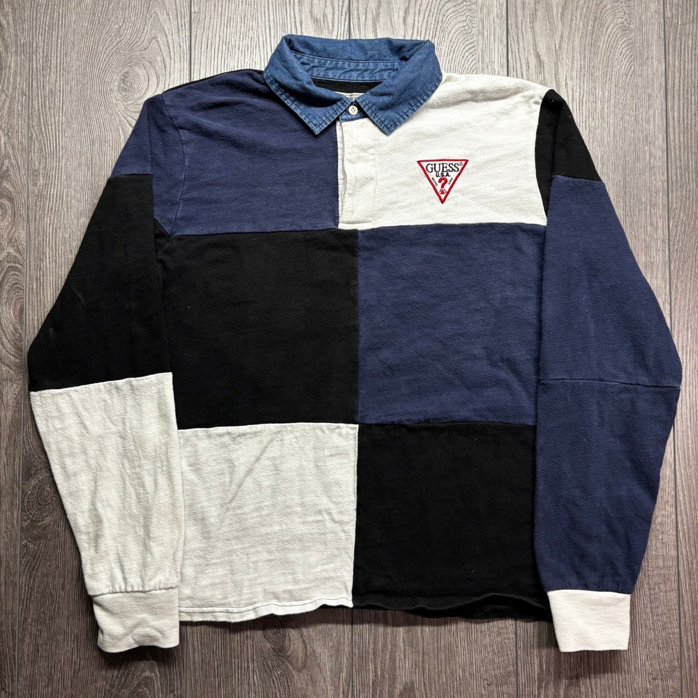 Guess Originals Mens Colorblock Rugby Shirt Navy Black White Denim Collar M
